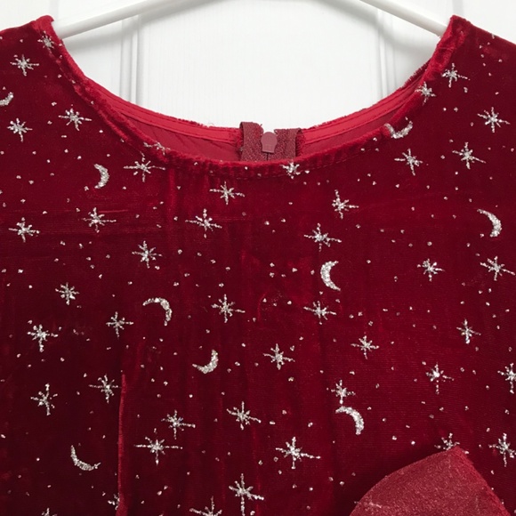 Long Sleeve Dress Girls Size 10 With Rose Bow Tie Back Red Silver Starry Night - Picture 3 of 14
